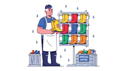 Boot Selection and display: A shopkeeper stands beside a display of colorful boots, offering various options for the customers to select from. Showcasing different styles and sizes. © Ajhar234