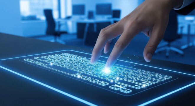Hand touching virtual keyboard keys on hologram dashboard, input device, blue office background, stock style.