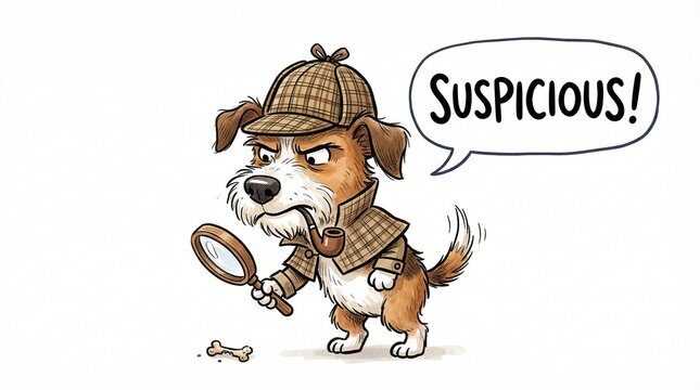 Cartoon dog detective looking suspicious while holding a magnifying glass  