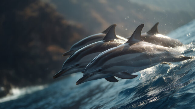 Split screen showing same dolphin pod using different vocalization patterns in two ocean regions demonstrating dialect variations in marine communication, ideal for cetacean linguistics research ima