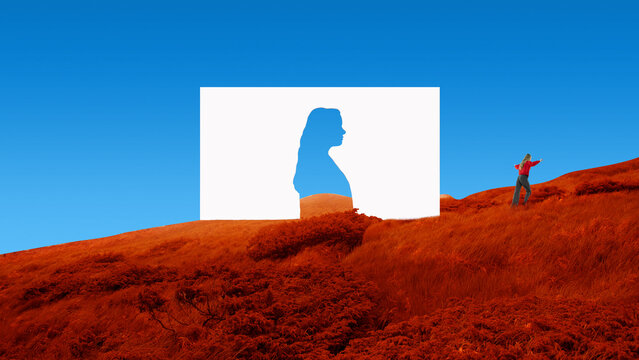 Woman walking near paper human silhouette cutout in red grass surreal landscape. Concept of identity contrast, personal transformation journey, inner change process, self perception shift.