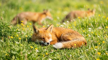 Obraz premium Red fox sleeping peacefully in a vibrant meadow filled with wildflowers