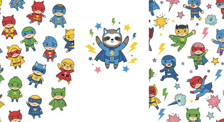 Cute superhero animals characters set with raccoon, cats and kids in costumes with masks, capes and comic elements cartoon vector illustration © MdNazmul