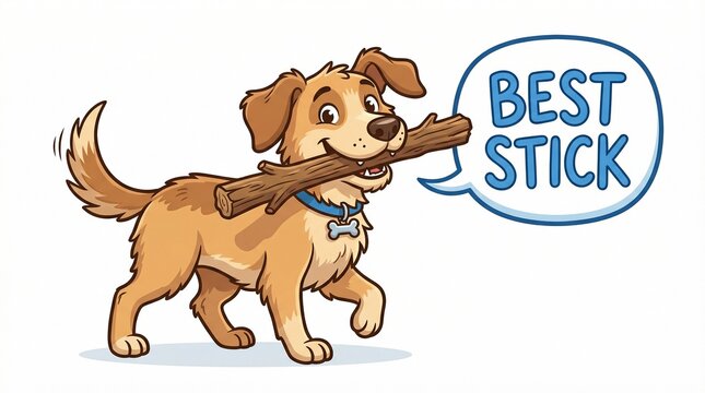 Cartoon dog carrying stick and smiling with speech bubble  