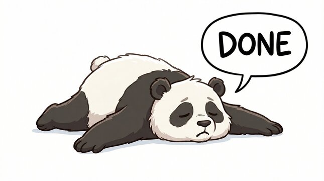 Cartoon panda lying down with expression of exhaustion and text "DONE"  