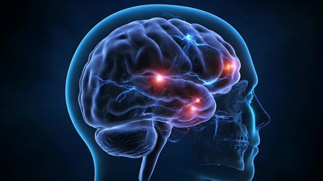 Abstract 3D Rendering of Human Brain with Glowing Neural Activity.