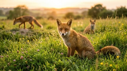 Obraz premium Close-up of a fox in a lush field at sunset with other foxes nearby