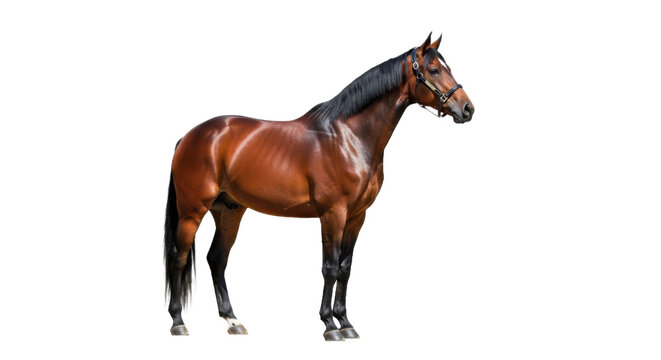 A majestic brown horse with a shiny coat and black mane standing proudly isolated on transparent background