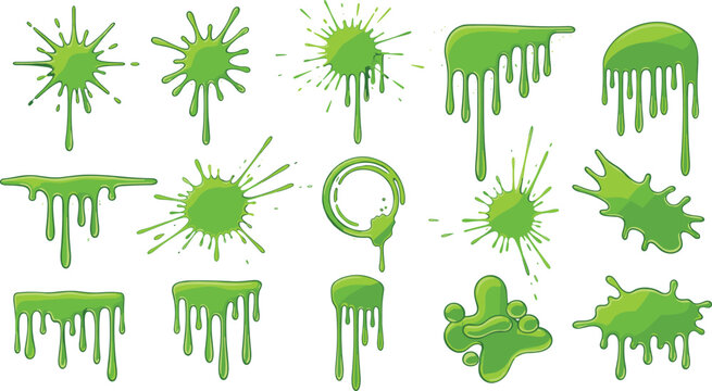 Green slime splatter and dripping liquid set with paint stains, goo drops and splash elements cartoon vector illustration collection