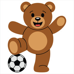 Fototapeta premium Playful Teddy Bear Cartoon Character Kicking a Soccer Ball High into the Air