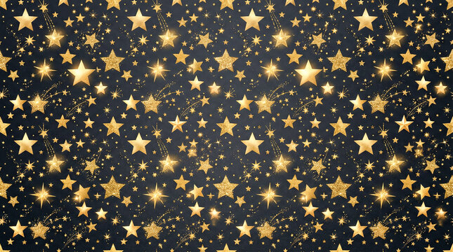  Patr&oacute;n repetitivo de estrellas doradas sobre fondo oscuro. Ideal para dise&ntilde;os festivos, celebraciones o decoraci&oacute;n elegante.

