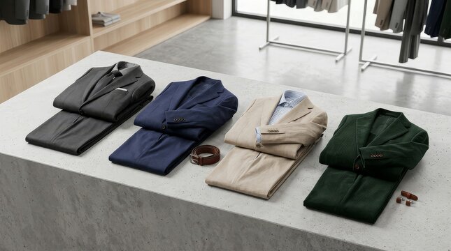 Four stylish mens suits neatly folded and displayed on a sleek concrete counter in a modern high end clothing store showroom from an overhead perspective
