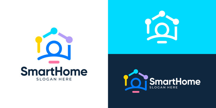Creative simple smart home logo template. Modern home with dot connection, circuit symbol house tech logo design vector illustration.