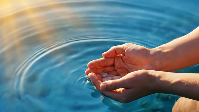 Hands cupping water from a serene blue body