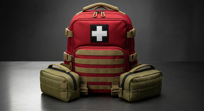 Tactical first aid backpack with medical cross symbol, red emergency trauma kit with tan molle webbing, professional paramedic survival gear