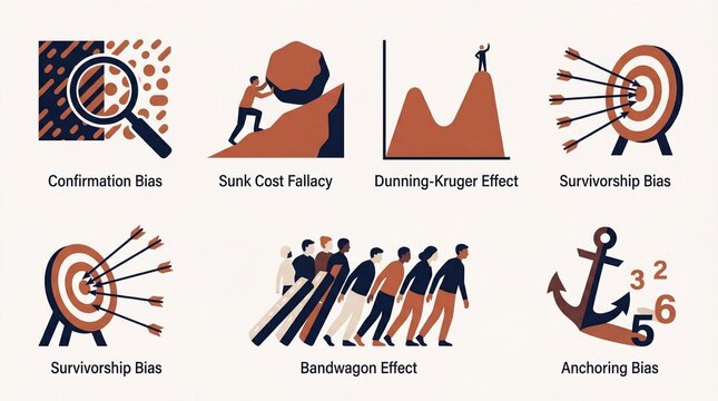 : A set of conceptual illustrations depicting common cognitive biases such as Confirmation Bias, Sunk Cost Fallacy, Dunning-Kruger Effect, and Bandwagon Effect using modern flat design.