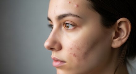 Fototapeta premium Close up profile of young woman with acne