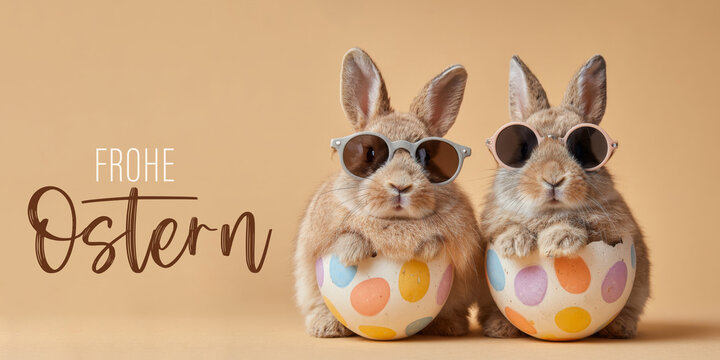 Frohe Ostern Konzept, Ferien Feiertag Gru&szlig;karte, Karte mit deutschem Text - Zwei lustige Osterhasen mit sonnenbrille und Osterei isoliert auf beigem Hintergrund