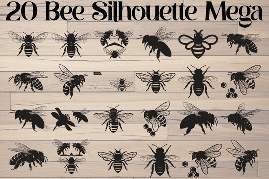 Bee silhouettes, black bee icons, insect graphics, 20 illustrations