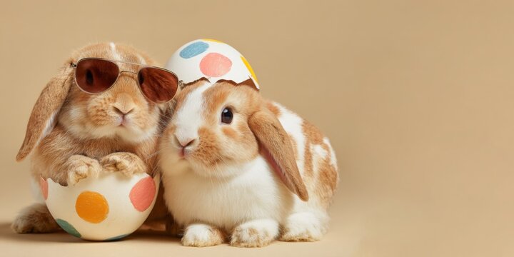 Happy Easter concept, funny animals, holiday greeting card long banner  - Two Easter bunnies, rabbits with sunglasses and Easter eggs, isolated on beige background