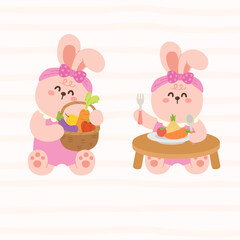 Fototapeta premium Kawaii Bunny Eating Healthy Food and Kawaii Bunny Holding Basket of Vegetables Isolated Illustration