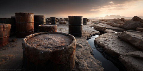 Fototapeta premium Worn oil barrels scattered along jagged shore under dusk sky showing pollution and decay