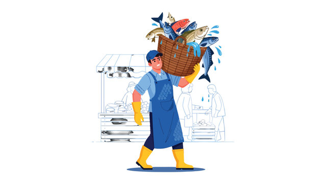 Fresh Catch: A Fishmonger's Bounty: A vibrant illustration depicts a fishmonger proudly carrying a basket overflowing with fresh, glistening fish, a testament to the day's catch.