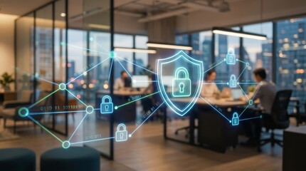 Fototapeta premium Digital cybersecurity shield protecting a secure network in a modern office with people working at night