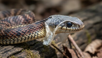 Fototapeta premium A snake struggles to free itself from a plastic bag wrapped around its head in a natural outdoor setting.