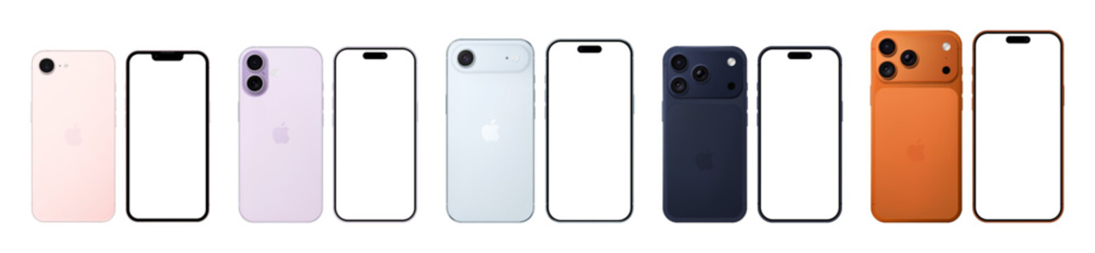 Photorealistic detailed Apple Iphone 2025-2026 full lineup mockup in real dimentions: 17e, 17, Air, 17 Pro and 17 Pro Max. Front and rear view on isolated. Vector editorial illustration