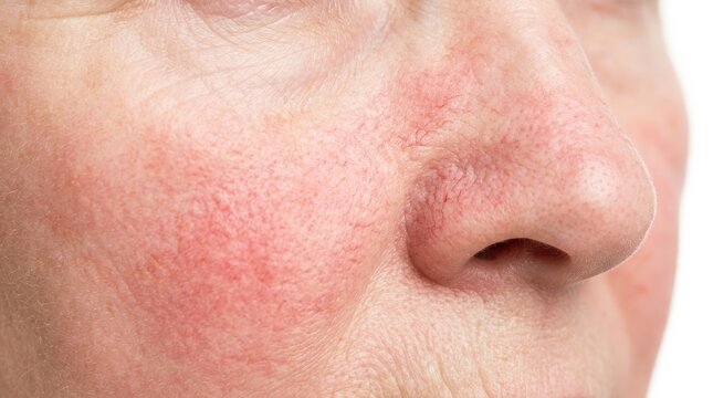 Close up detail of a person's face showing inflamed red skin with visible broken capillaries indicating rosacea condition in a studio setting