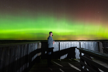 Fototapeta premium Man Standing on Observation Deck Watching Vibrant Green Northern Lights Aurora Borealis Over a Dark Estonian Bog Landscape at Night