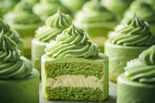 Piece of green cake. Kiwi cake in cut. Creamy lime desserts