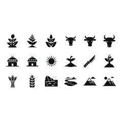 Fototapeta premium Collection of black vector icons depicting rural and natural elements on white background