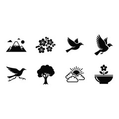 Collection of nature icons featuring birds, tree, mountain, and flowers in black silhouette on white background