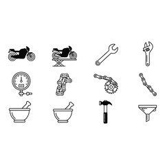 Black and white line icons of various tools and motorcycle parts isolated on white background