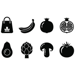Black and white icons of various fruits and a shopping bag isolated on white background