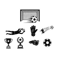 Black and white soccer icons set including goal, ball, and trophy isolated on white background