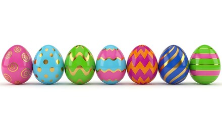 Fototapeta premium Vibrantly Decorated Easter Eggs in a Row Displaying Festive Patterns and Colors