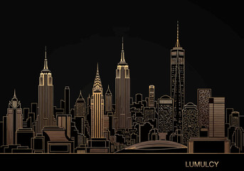Obraz premium Golden cityscape illustration depicts a luxury skyline at night with tall buildings.