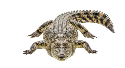 Fototapeta premium A large crocodile with a long tail and sharp teeth is shown isolated on transparent background looking directly at the camera with its mouth closed and its body facing forward