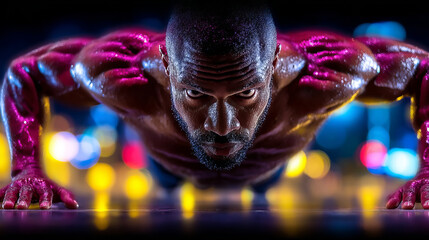 Strong man do push-up with neon light and bokeh background at night