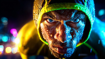 Intense Athlete Face with Sweat and Neon Light at Night