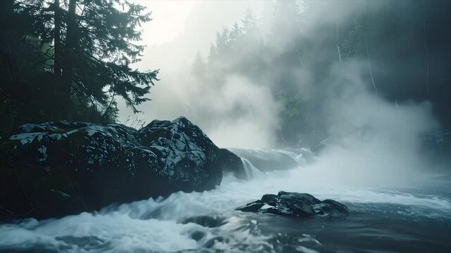A misty river scene with a small waterfall, rocks, and evergreen trees