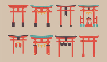 Set of eight flat japanese torii gates in red and teal colors with traditional shimenawa ropes lanterns and small shrine structures on a beige background © SINA