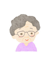 Fototapeta premium 白バックにラベンダー色の服を着た笑顔のおばあさんイラスト！