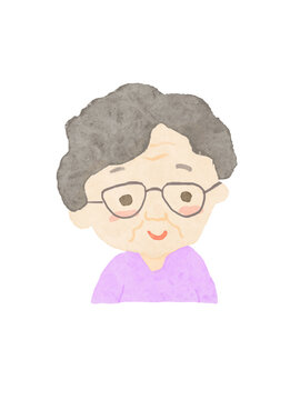 白バックにラベンダー色の服を着た笑顔のおばあさんイラスト！