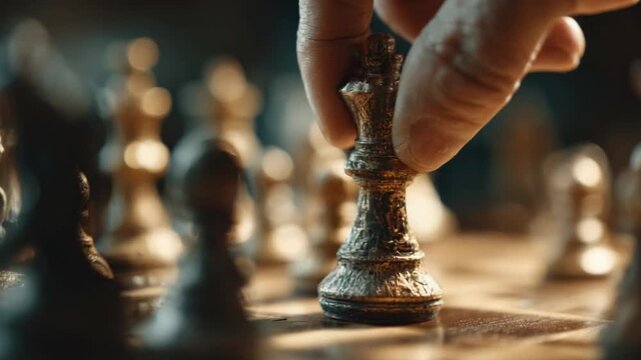 Strategic Move on Chessboard: A hand delicately maneuvers a chess piece, signifying strategic planning, thoughtful decision-making, and the intricate dance of intellect on the chessboard.