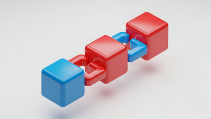 Fototapeta premium Red and blue cubes connected by links 3D render isometric view block chain