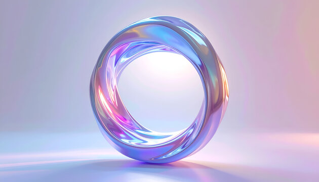 Shiny iridescent torus ring in abstract design; holographic looped shape with light reflections